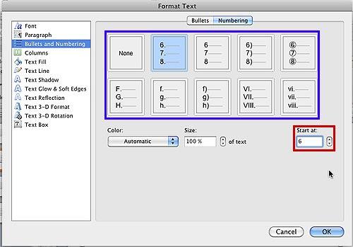 Start at number changed to 6 reflects in the numbering style previews - Indezine Start at number changed to 6 reflects in the numbering style previews