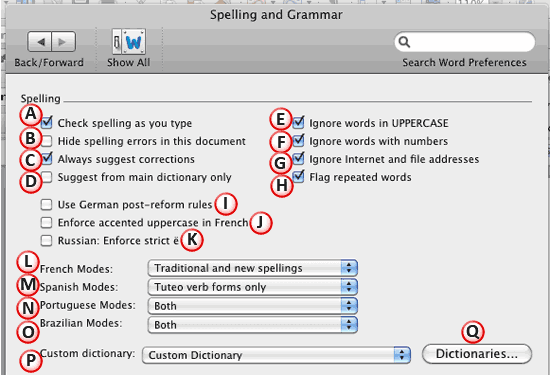 Set spelling options within Spelling and Grammar dialog box