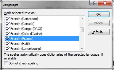 Check mark denotes the installed language
