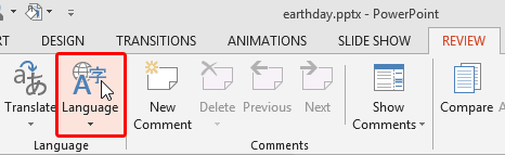 Language button within the Review tab of the Ribbon Language button within the Review tab of the Ribbon