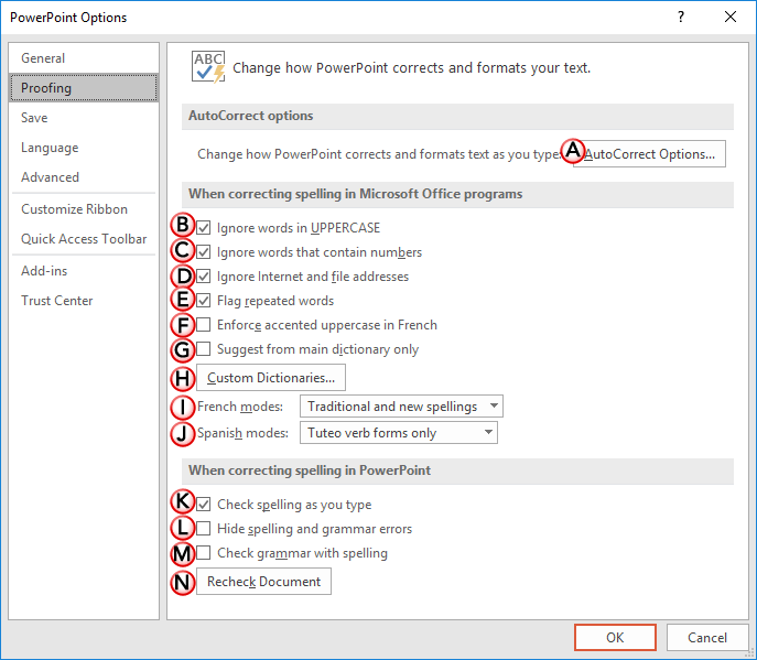 Proofing options within the PowerPoint Options dialog box