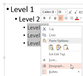Paragraph option selected within the context menu