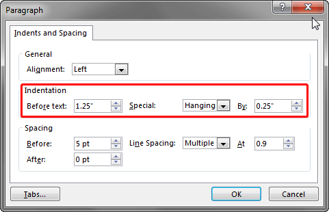 Indentation options within Paragraph dialog box