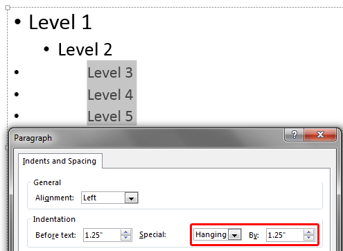 By value changed with Hanging option selected