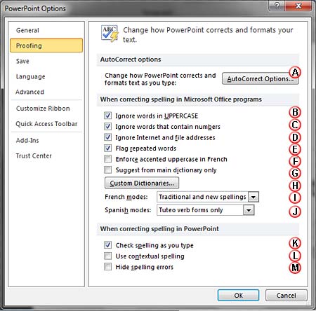 Proofing section within the PowerPoint Options dialog box