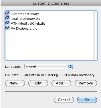 Custom dictionaries listed within the Custom Dictionaries dialog box
