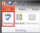 Spelling button within the Review tab of the Ribbon