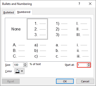 Bullets and Numbering dialog box