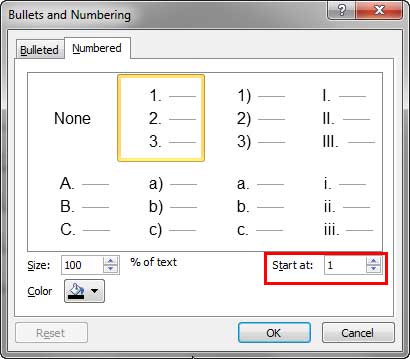 Numbering options within the Bullets and Numbering dialog box