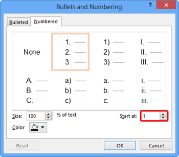 Learn PowerPoint 2013 for Windows: Start or Restart Numbering for Lists