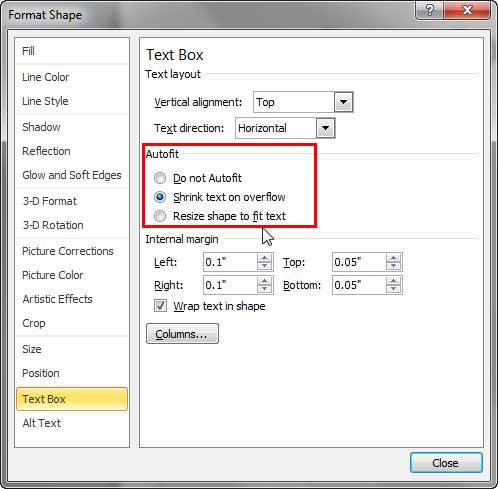 Text Box panel selected within Format Shape dialog box - Indezine Text Box panel selected within Format Shape dialog box