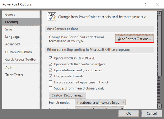 Proofing option selected within PowerPoint Options dialog box