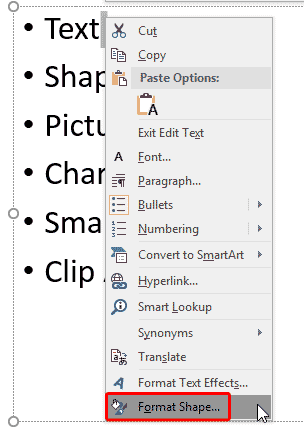 Format Shape option selected