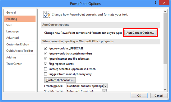 Proofing panel selected within PowerPoint Options dialog box