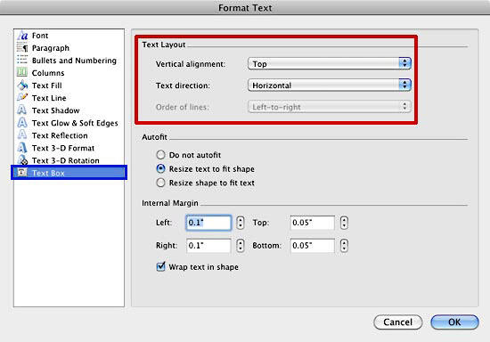 Text Box option selected within Format Text dialog box