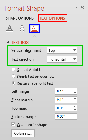 Text Box options within the Format Shape Task Pane
