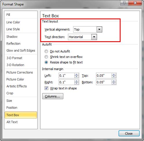 Text Box pane selected within Format Shape dialog box