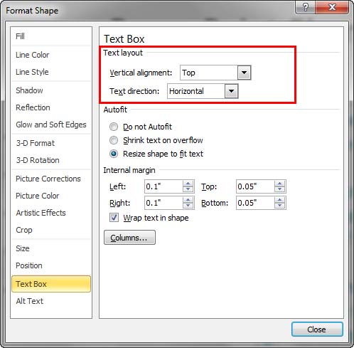 Text Box pane selected within Format Shape dialog box - Indezine Text Box pane selected within Format Shape dialog box