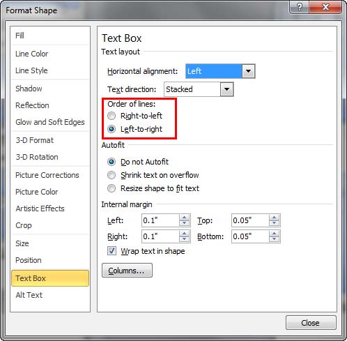 Order of lines options within the Format Shape dialog box