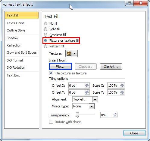 Picture or texture fill options within Format Text Effects dialog box
