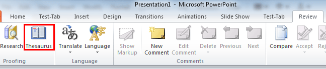 Thesaurus button within the Review tab of the Ribbon - Indezine Thesaurus button within the Review tab of the Ribbon
