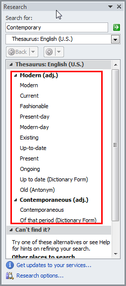 Research Task Pane with the list of related words