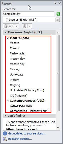 Research Task Pane with the list of related words - Indezine Research Task Pane with the list of related words