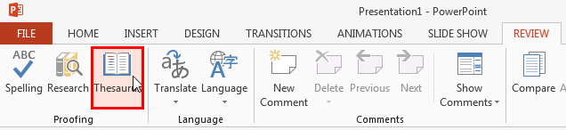 Thesaurus button within the Review tab of the Ribbon