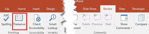 Thesaurus button within the Review tab of the Ribbon - Indezine Thesaurus button within the Review tab of the Ribbon