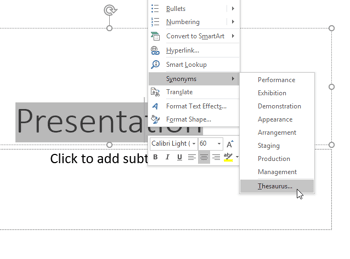 Thesaurus in PowerPoint 2016 for Windows