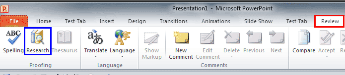 Research button within the Review tab of the Ribbon