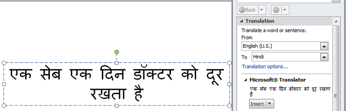 Text translated to Hindi on the active slide