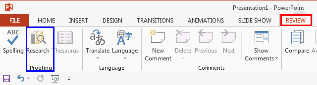 Research button within the Review tab of the Ribbon - Indezine Research button within the Review tab of the Ribbon