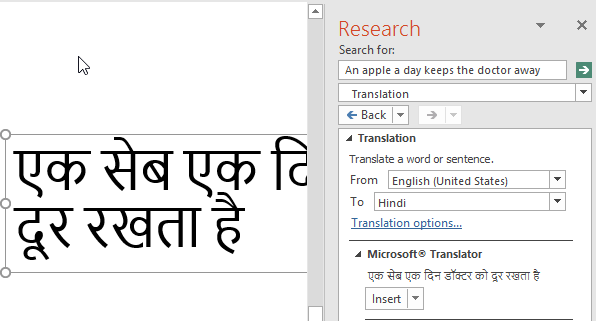 Text translated to Hindi on the active slide