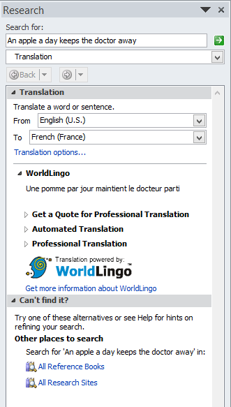 WorldLingo for French (France) within the Research Task Pane