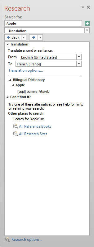 Translation in the Research Task Pane