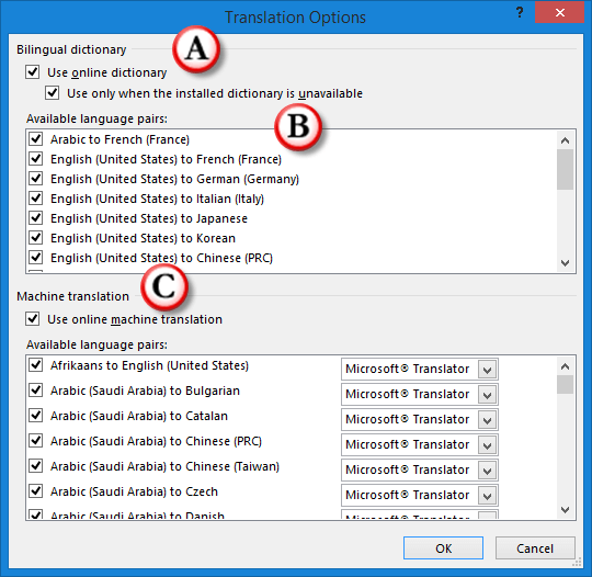 Translation Options dialog box - Indezine Translation Options dialog box