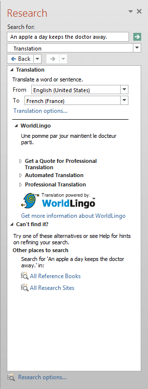 WorldLingo for French (France) within the Research Task Pane