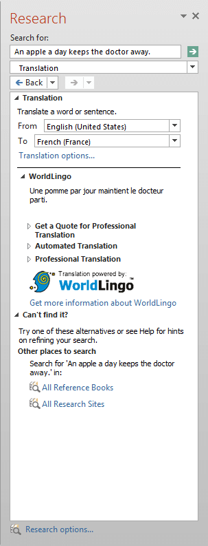 WorldLingo for French (France) within the Research Task Pane - Indezine WorldLingo for French (France) within the Research Task Pane