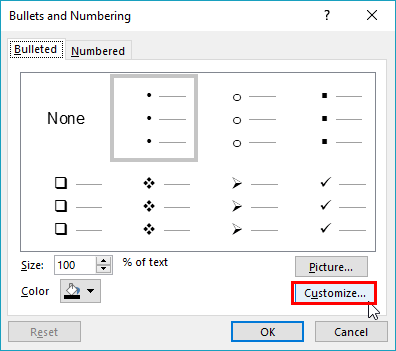 Bullets and Numbering dialog box