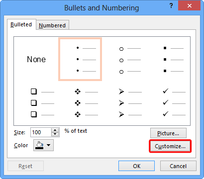 Bullets and Numbering dialog box