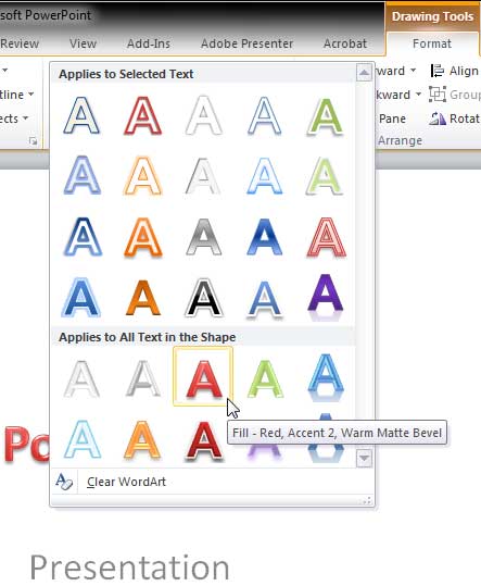 WordArt Style being selected