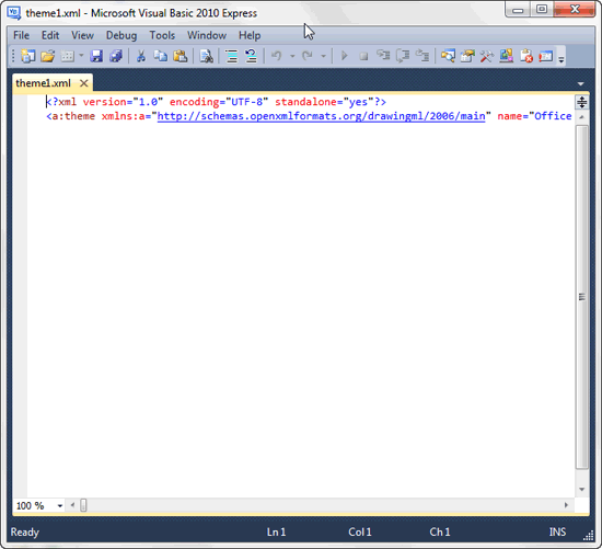 Selected XML file opened within Visual Basic Express