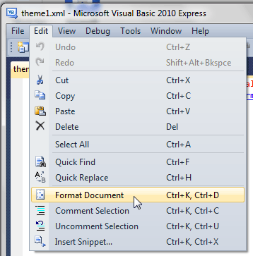 Format Document option within the File menu