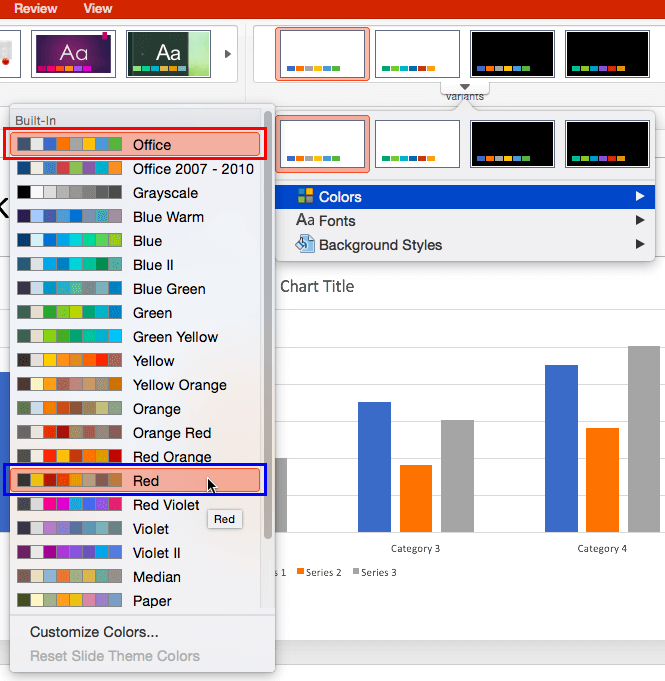 how to change the presentation theme colors to red