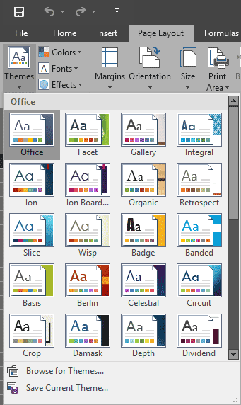 Themes drop-down gallery in Excel 2016