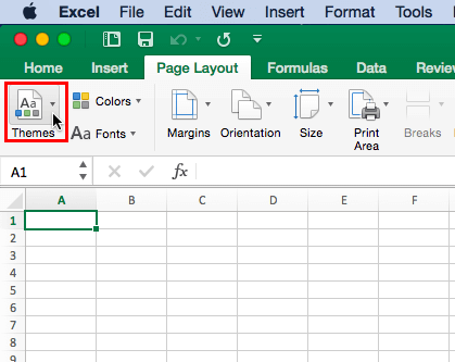 Themes button within Excel 2016 for Mac