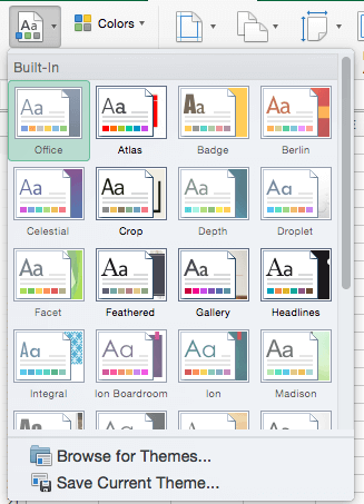 Themes drop-down gallery in Excel 2016 for Mac