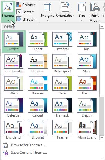 Themes drop-down gallery in Excel 2013
