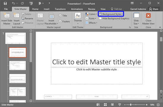 Background Styles button within the Slide Master view